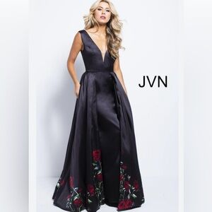 Jovani Black Satin V-Neck Ball Gown with Red Rose Embroidery